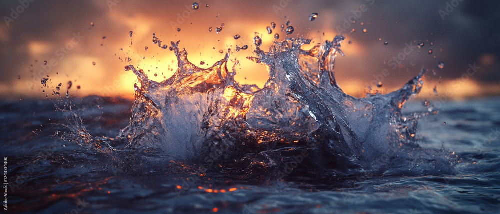 Poster close-up shot of water splashes with droplets against a sunset sky, showcasing the dynamic motion an