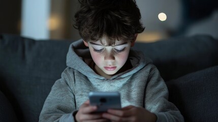 Child focused on smartphone in dimly lit living room during evening