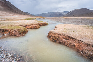 Mountain river flows in the valley in the highlands of Tien Shan in Pamir in Tajikistan, panoramic landscape for background in high mountains with rocks, snow and glaciers