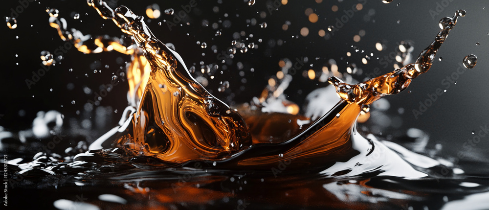 Poster Close-up of water splash with droplets in a dark environment, showcasing dynamic liquid motion and energy, highlighting fluidity, strength, and beauty in action.