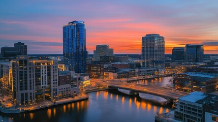 Fototapeta premium Grand Rapids Michigan Skyline at Sunset: Breathtaking Aerial View of Cityscape, River, and Bridges