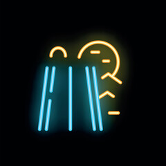 Bright neon sign depicting a waterfall illuminated by the sun and moon, creating a captivating visual