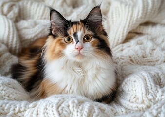 Charming calico cat resting on cozy knitted blanket with intricate patterns showcasing detailed fur and expressive eyes in warm indoor atmosphere
