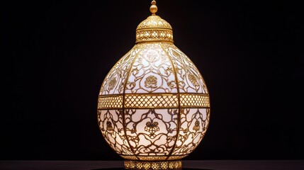 Ornate gold lantern, illuminated, dark background, Ramadan decor