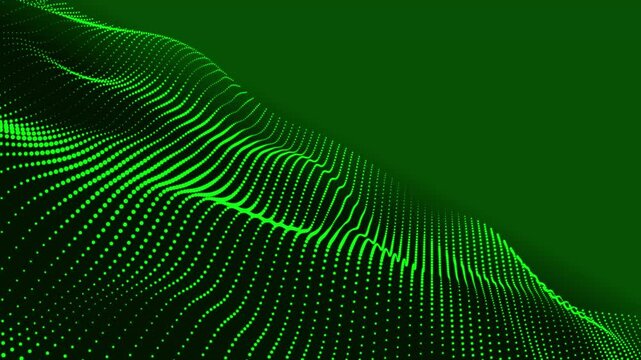 Abstract glowing digital cyber visual waves made of green particles and dots move on a green background. Dark blue swirling dot line wave background