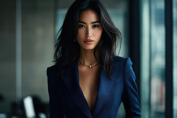 A sophisticated Asian woman with dark hair, wearing a navy blue blazer and gold necklace, confidently stares at the camera.