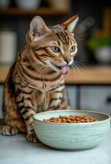 Close-Up of a Bengal Cat Sitting at a Bowl of Dry Cat Food with a Playful Expression and Tongue Out, Captured in a Cozy Kitchen Environment