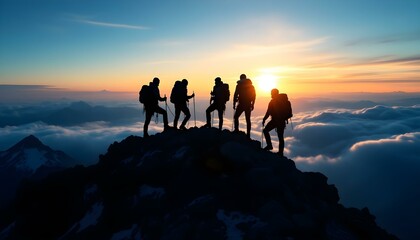 Silhouette of climbers who climbed to the top of the mountain thanks to mutual assistance and teamwork