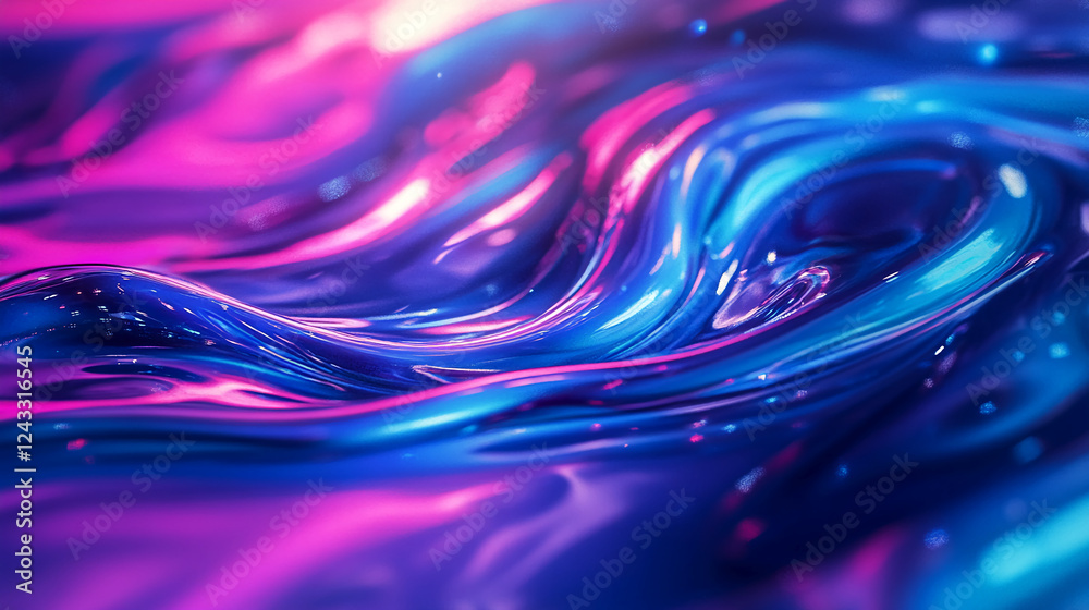Poster abstract flowing liquid with vibrant glowing purple and blue tones, creating a dynamic fluid texture