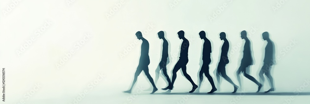 Aufkleber Multiple silhouette images of a man walking representing the concept of fobo - fear of better option - and job insecurity, causing decision making fear