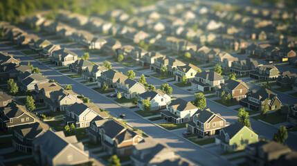 Aerial view of residential neighborhood with houses and trees, showcasing peaceful suburban environment. layout features streets lined with homes, creating harmonious community feel