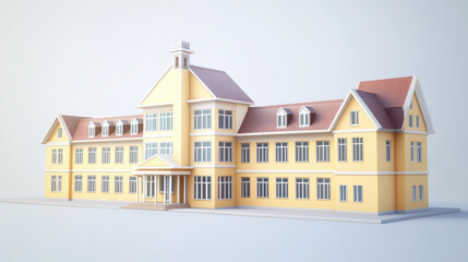 3D model of school building with ample space and welcoming design, featuring large windows and classic architectural style. Ideal for educational projects
