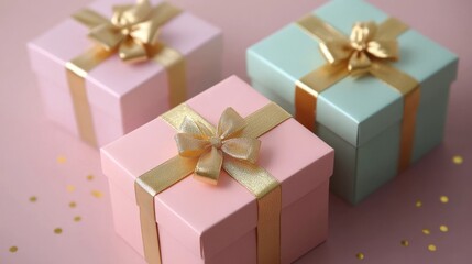 Colorful gift boxes with gold ribbons on a pink background create a festive atmosphere for celebrations