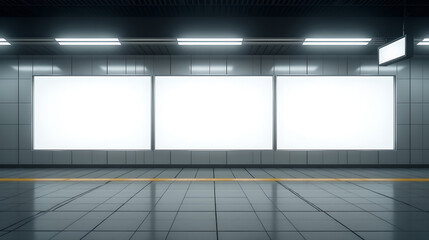 An empty subway station with three large, brightly illuminated advertising spaces