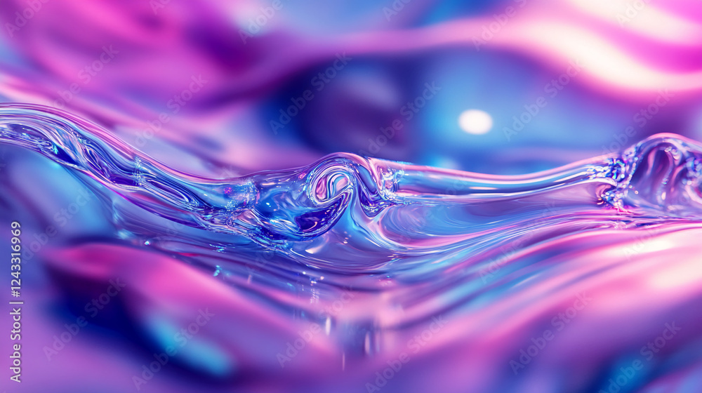 Poster Abstract close-up of colorful liquid surface with purple and blue swirls, creating an artistic texture with dynamic movement. Symbolizes creativity, fluidity, and modern design.