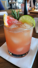 Refreshing grapefruit and lime cocktail garnished with rosemary, served in a rocks glass on a white coaster. Perfect for summer menus or cocktail hour.