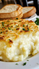 Creamy mashed potato gratin with browned top, garnished with parsley, served with slices of bread.
