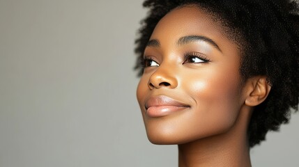 Natural beauty shines through as a woman with curly hair poses against a neutral background