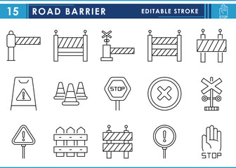 A set of line icons related to Road Blocks and Barriers. Various stop, warning, and physical barriers. Vector editable stroke.