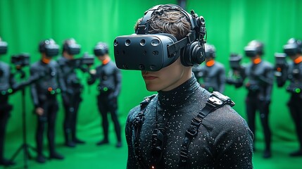 A young man experiences immersive virtual reality in a studio setting, wearing a high-tech VR headset with motion capture suits and green screen background for enhanced visuals.