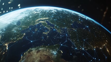 Digital earth network, planet with glowing connections representing data transfer, concept global network, internet, communication, technology, business, future