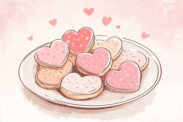 Heart-shaped cookies on a plate with a pink background