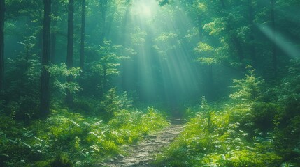 Sunbeams illuminate forest path, misty background