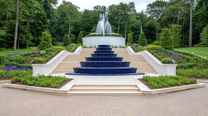 Elegant Water Fountain Surrounded by Lush Greenery and Flowers