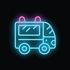 Bright blue neon sign of a passenger transportation van glowing on a black background