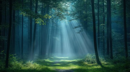 Fototapeta premium Sunbeams illuminate misty forest path