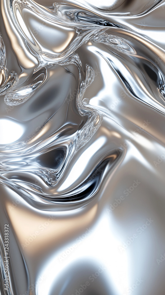 Poster Close-up of shiny metallic liquid texture with smooth, reflective surface showcasing dynamic fluid motion, representing modern design, fluidity, and digital art.
