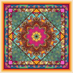 Bright square silk scarf with floral mandala on ornamental background. Bandana print with ethnic motifs. Fantasy pattern.