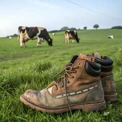 Brown boots placed on a green field with cows grazing in the background