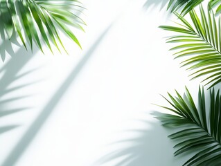 Palm leaves shadow backdrop, white wall, summer, tropical, design