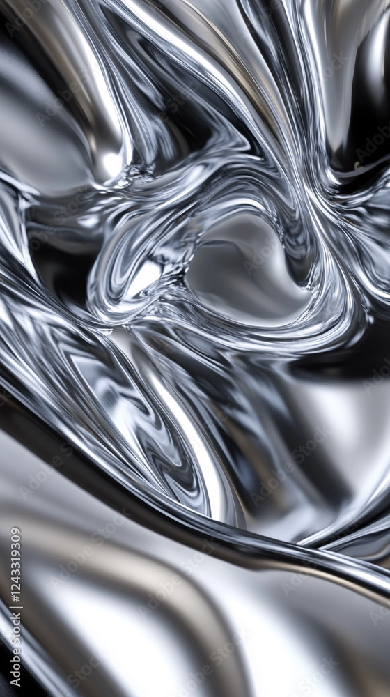 Poster close-up of flowing metallic liquid with smooth shiny texture, reflecting light in abstract swirls, 