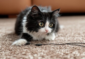 Curious black and white cat with large eyes playfully exploring a cord on a soft carpet in a cozy living room setting