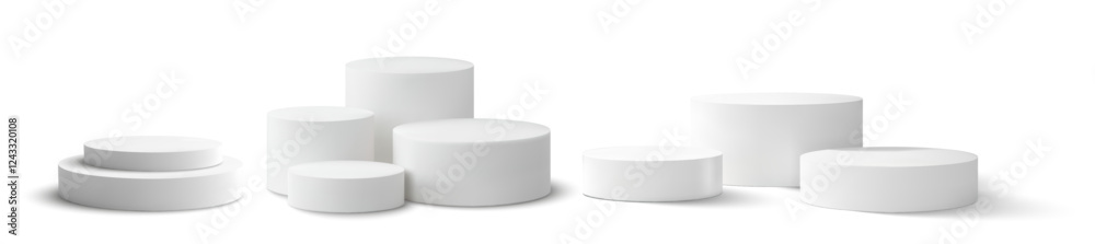 Aufkleber minimal 3d vector illustration showcasing multiple white cylindrical podiums in various sizes. ideal