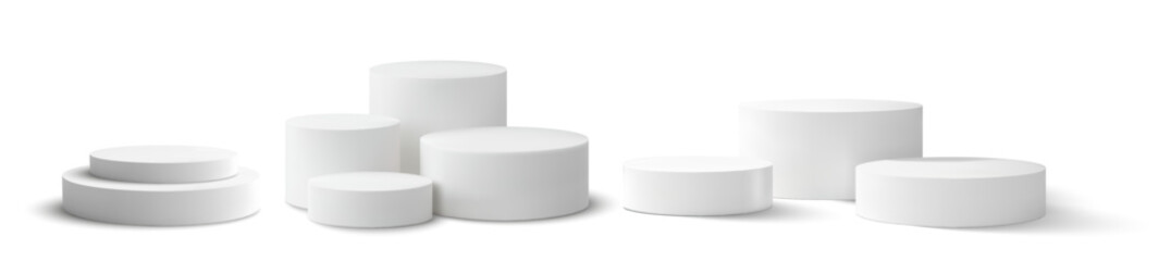 Minimal 3d vector illustration showcasing multiple white cylindrical podiums in various sizes. Ideal for product displays, branding mockups, or sleek interior design concepts.