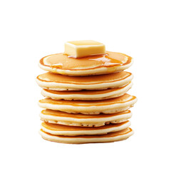 Fototapeta premium Stack of fluffy pancakes topped with butter and syrup, isolated on a white background.