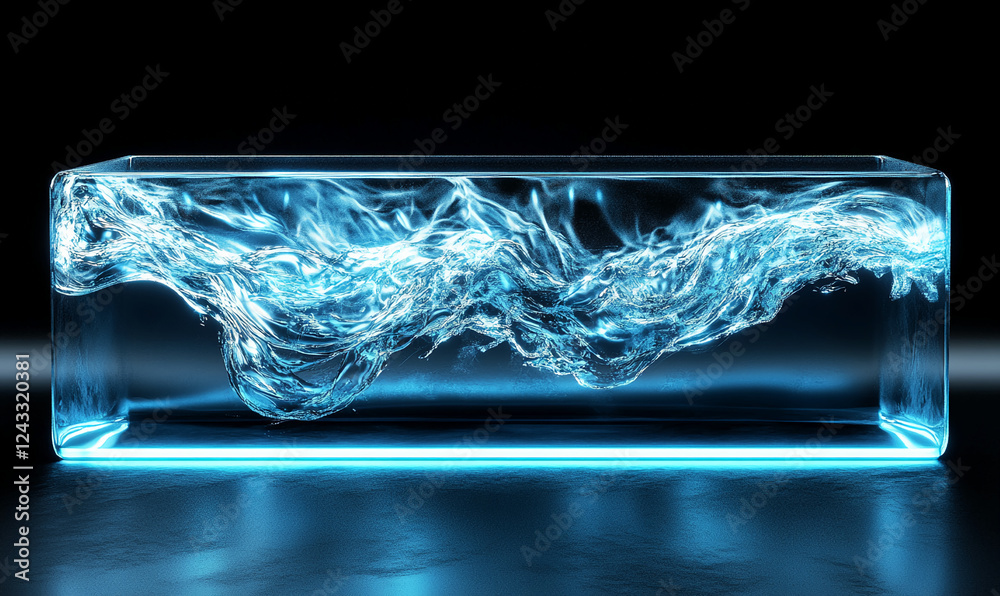 Poster A glowing and dynamic wave of water inside a transparent box with a soft blue neon light at the base, showcasing fluid motion and energy within a futuristic, digital environment.