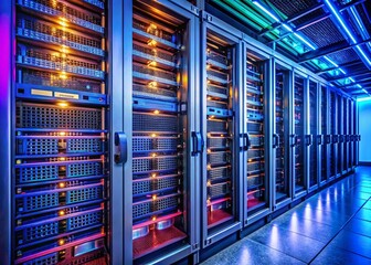 Data Center Server Rackmount Chassis Rear View, Power Supply Units, Selective Focus, Drone Shot