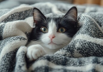 Cute black and white cat with large green eyes peeking from cozy blanket, capturing the essence of warmth and affection in a home environment