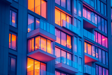 Modern building with colorful illuminated windows at night