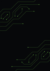 Green circuit board, network technology on a black background.