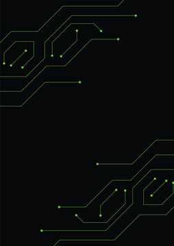 Green circuit board, network technology on a black background.