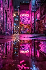 Fototapeta premium Neon-lit alleyway, graffiti art, city night reflection, urban background, website design