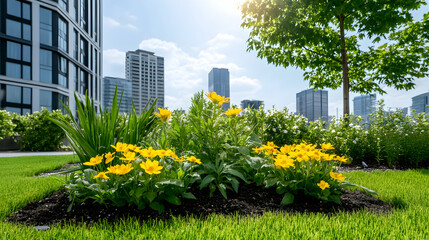 Cityscape flowerbed sunny day urban greening
