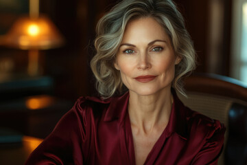 Fototapeta premium A sophisticated woman with blonde hair, wearing a maroon silk shirt, poses in a dimly lit room.
