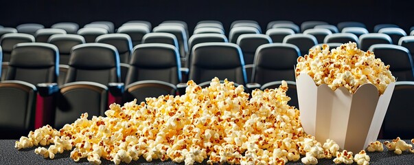 Delicious popcorn scattered on the floor of a movie theater with an overflowing popcorn container in the foreground, creating a tempting snack scene.