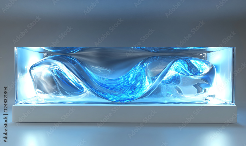 Poster A glowing blue wave of liquid inside a glass container, showcasing futuristic fluid motion with illuminated edges, representing energy and dynamic movement in a minimalist design.